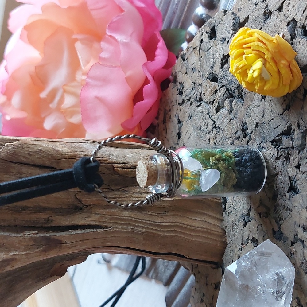 Crystal Terrarium Floral Necklace, Rose Quartz, Hand Crafted by Rust Belt Raised